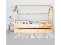 Cama casinha com grade + 2 gavetas em madeira pinho 90x190cm