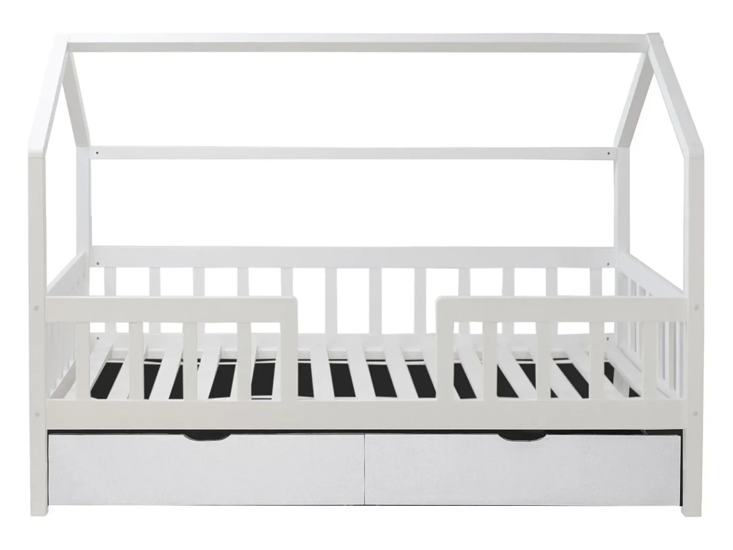 Cama casinha com grade + 2 gavetas madeira branca 90x190cm