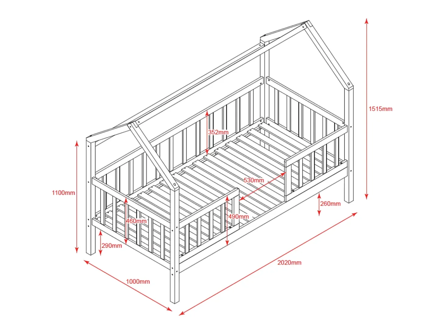 Cama casinha com grade + 2 gavetas madeira branca 90x190cm