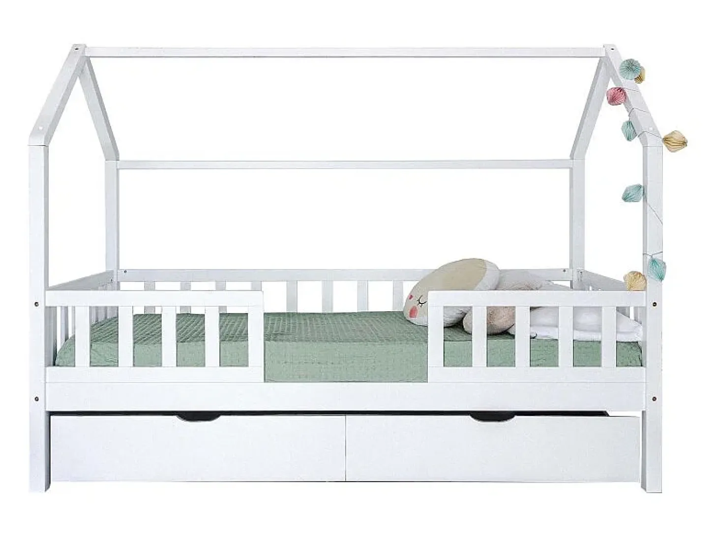 Cama casinha com grade + 2 gavetas madeira branca 90x190cm