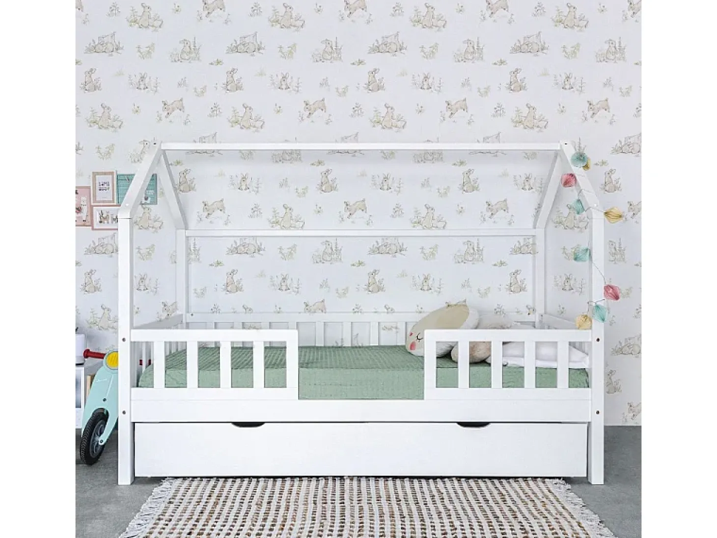 Cama casinha com grade + 2 gavetas madeira branca 90x190cm