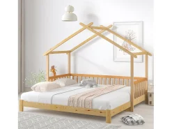 Cama casinha infantil 90/180x200 cm com cama auxiliar, acabamento madeira natural clara, sem colchão