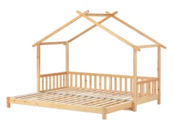 Cama casinha infantil 90/180x200 cm com cama auxiliar, acabamento madeira natural clara, sem colchão