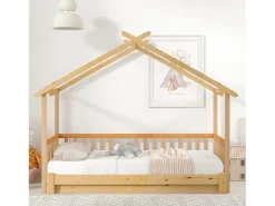 Cama casinha infantil 90/180x200 cm com cama auxiliar, acabamento madeira natural clara, sem colchão