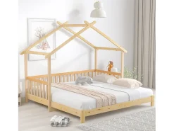 Cama casinha infantil 90/180x200 cm com cama auxiliar, acabamento madeira natural clara, sem colchão