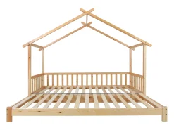 Cama casinha infantil 90/180x200 cm com cama auxiliar, acabamento madeira natural clara, sem colchão