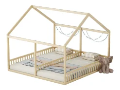 Cama casinha 90x200 cm 2 em 1, em madeira com grades de segurança e teto decorativo, natural, sem colchão