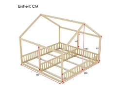 Cama casinha 90x200 cm 2 em 1, em madeira com grades de segurança e teto decorativo, natural, sem colchão