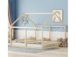 Cama casinha 90x200 cm 2 em 1, em madeira com grades de segurança e teto decorativo, natural, sem colchão