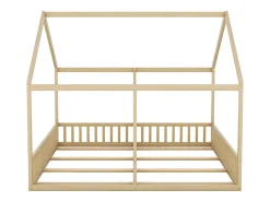 Cama casinha 90x200 cm 2 em 1, em madeira com grades de segurança e teto decorativo, natural, sem colchão