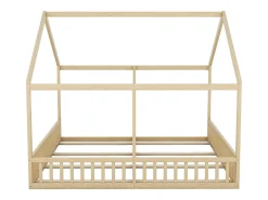 Cama casinha 90x200 cm 2 em 1, em madeira com grades de segurança e teto decorativo, natural, sem colchão