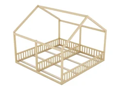 Cama casinha 90x200 cm 2 em 1, em madeira com grades de segurança e teto decorativo, natural, sem colchão