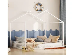Cama casinha 140x200 cm para criança, em metal branco, design moderno de casa e estrutura sólida (sem colchão)