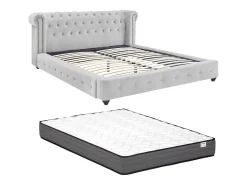 Cama chesterfield 180 x 200 cm veludo cinza-claro + colchão - TONGERLA