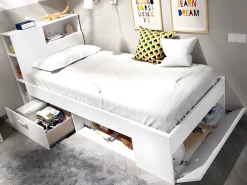 Cama com arrumações 90 x 190 cm Cor: branco com colchão e sommier. LEANDRE