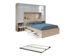 Cama com arrumação 140 x 190 cm com LEDs natural e branco brilhante + Estrado - VELONA