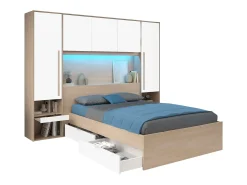 Cama com arrumação 140 x 190 cm com LEDs natural e branco brilhante + Estrado - VELONA