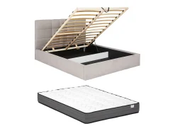 Cama com arrumação 180 x 200 cm em tecido bege + colchão - ELIAVA