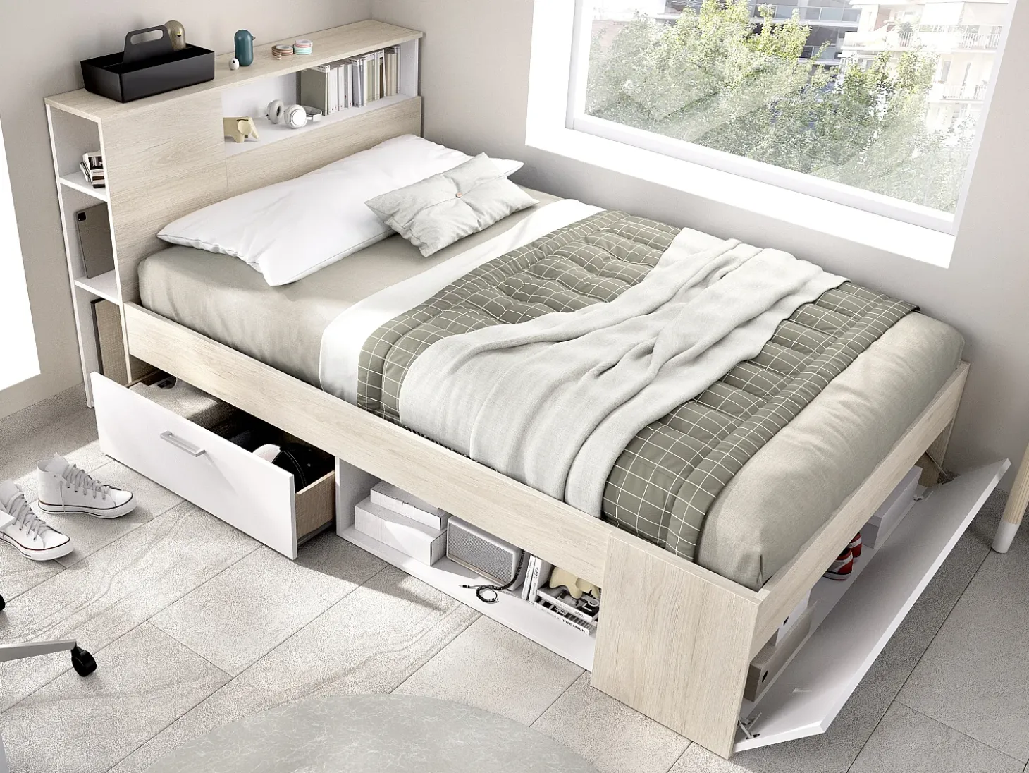 Cama com arrumação 120 x 190 cm em natural e branco + estrado de ripas - LEANDRE