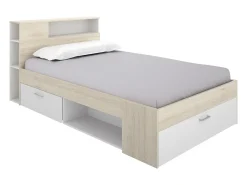Cama com arrumação 120 x 190 cm em natural e branco + estrado de ripas - LEANDRE