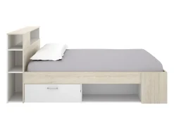 Cama com arrumação 120 x 190 cm em natural e branco + estrado de ripas - LEANDRE