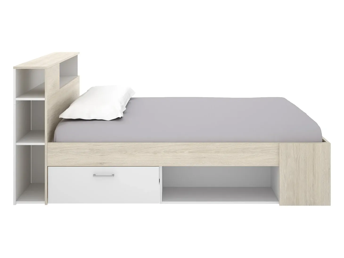 Cama com arrumação 120 x 190 cm em natural e branco + estrado de ripas - LEANDRE