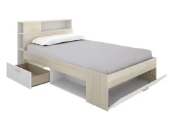 Cama com arrumação 120 x 190 cm em natural e branco + estrado de ripas - LEANDRE