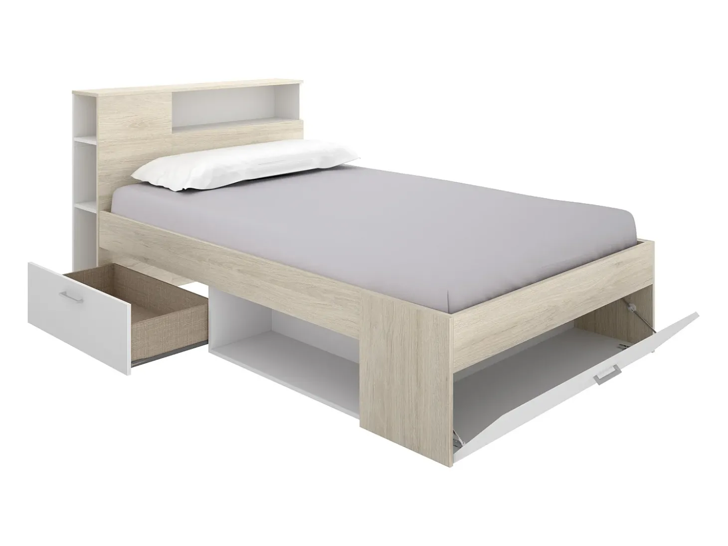 Cama com arrumação 120 x 190 cm em natural e branco + estrado de ripas - LEANDRE