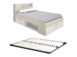 Cama com arrumação 120 x 190 cm em natural e branco + estrado de ripas - LEANDRE