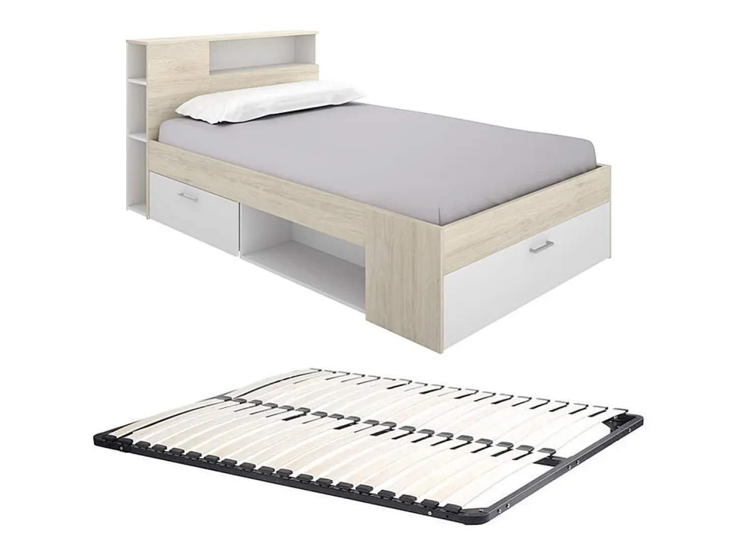 Cama com arrumação 120 x 190 cm em natural e branco + estrado de ripas - LEANDRE