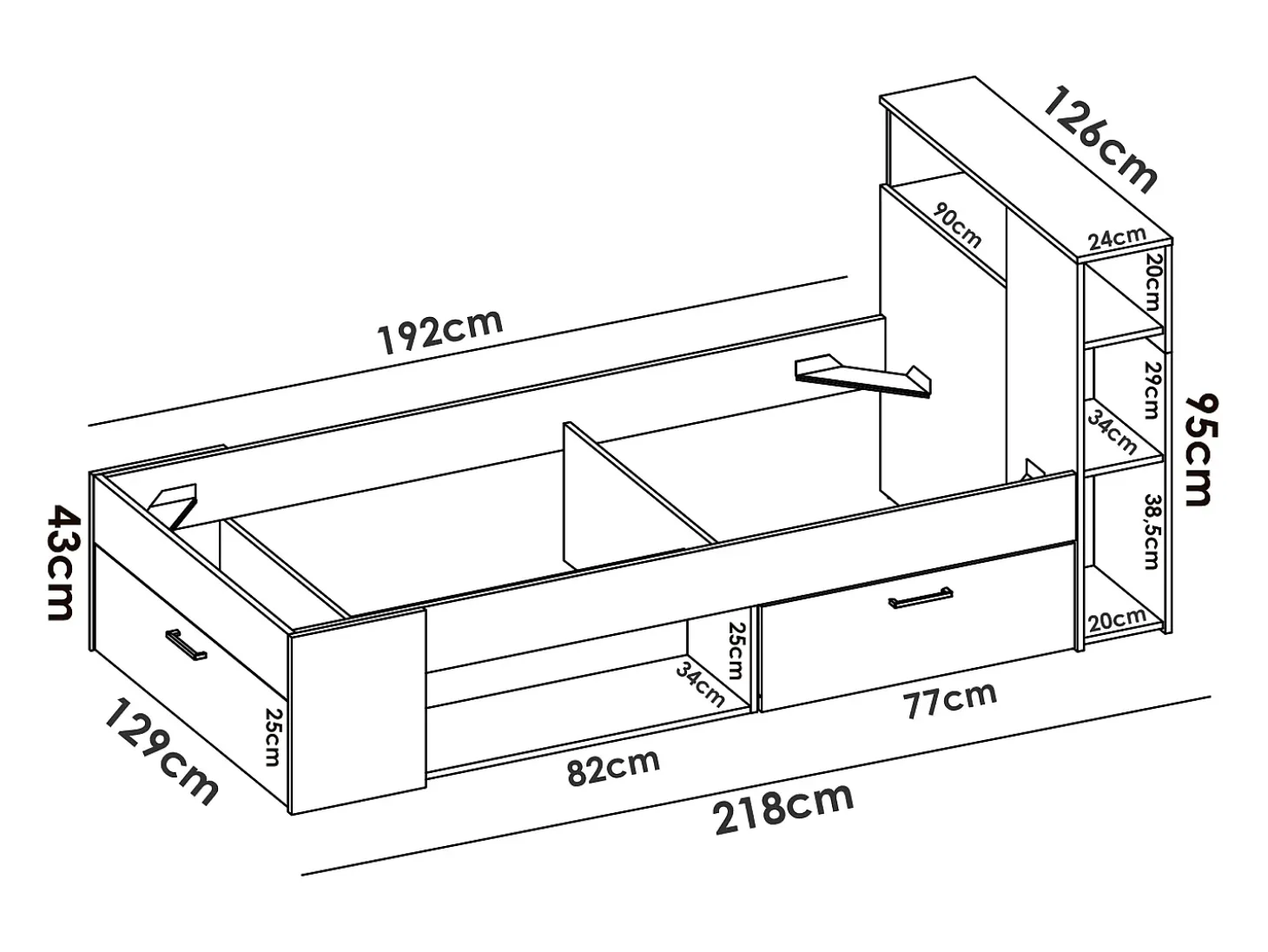 Cama com arrumação 120 x 190 cm em natural e branco + estrado de ripas - LEANDRE