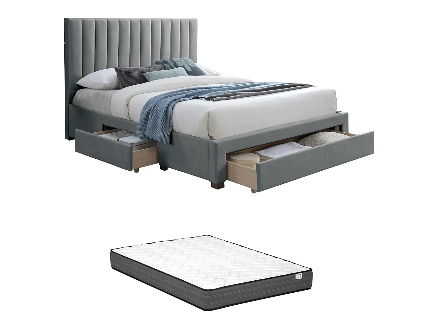 Cama com arrumação 160 x 200 cm em tecido cor cinza com colchão - LIAKO