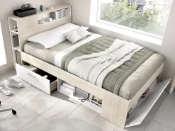Cama com arrumação 120 x 190 cm em natural e branco + estrado de ripas + colchão - LEANDRE