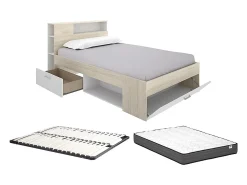Cama com arrumação 120 x 190 cm em natural e branco + estrado de ripas + colchão - LEANDRE