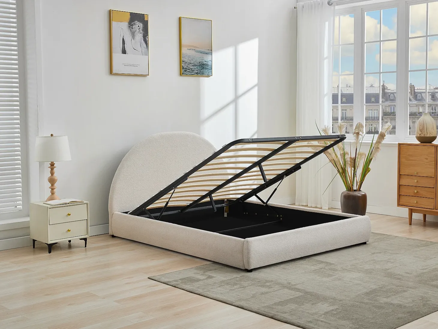 Cama com arrumação 140 x 190 cm tecido bouclé cor creme - LIRIMO