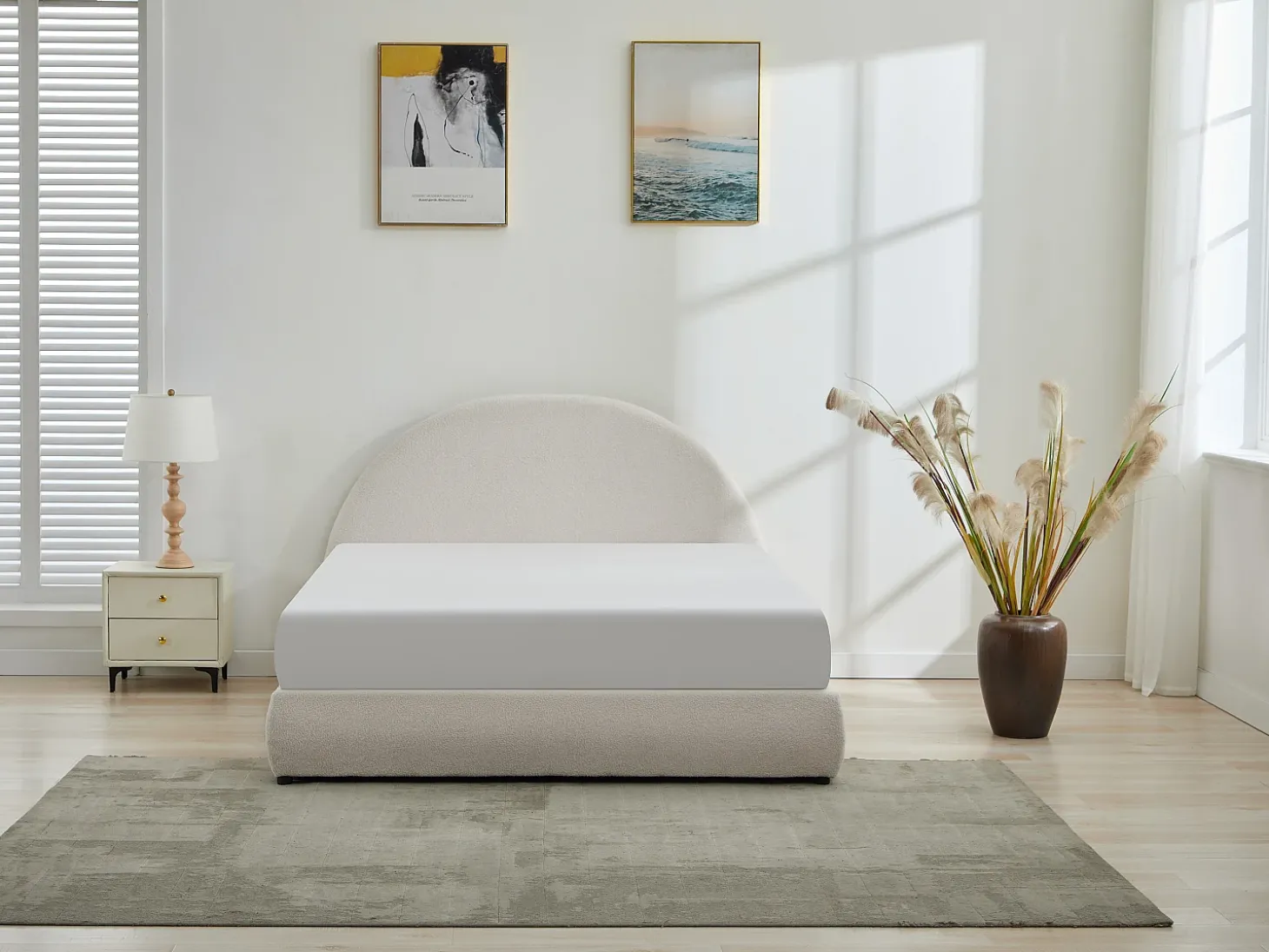 Cama com arrumação 140 x 190 cm tecido bouclé cor creme - LIRIMO