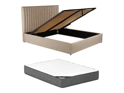 Cama com arrumação cabeceira tecido bege 160 x 200 cm + colchão SARAH