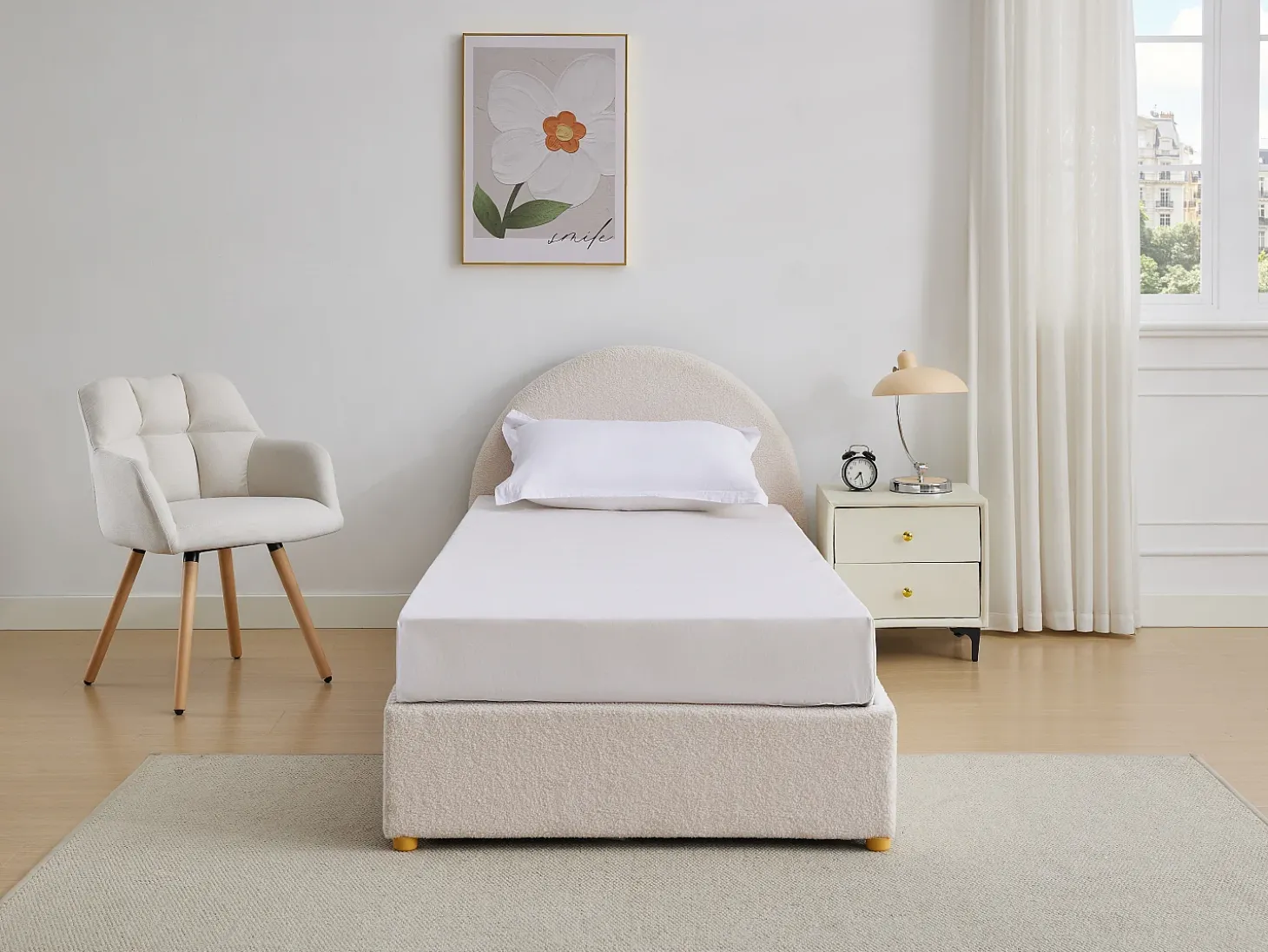 Cama com arrumação de 90 x 190 cm em tecido bouclé cor creme + colchão - LIRIMO