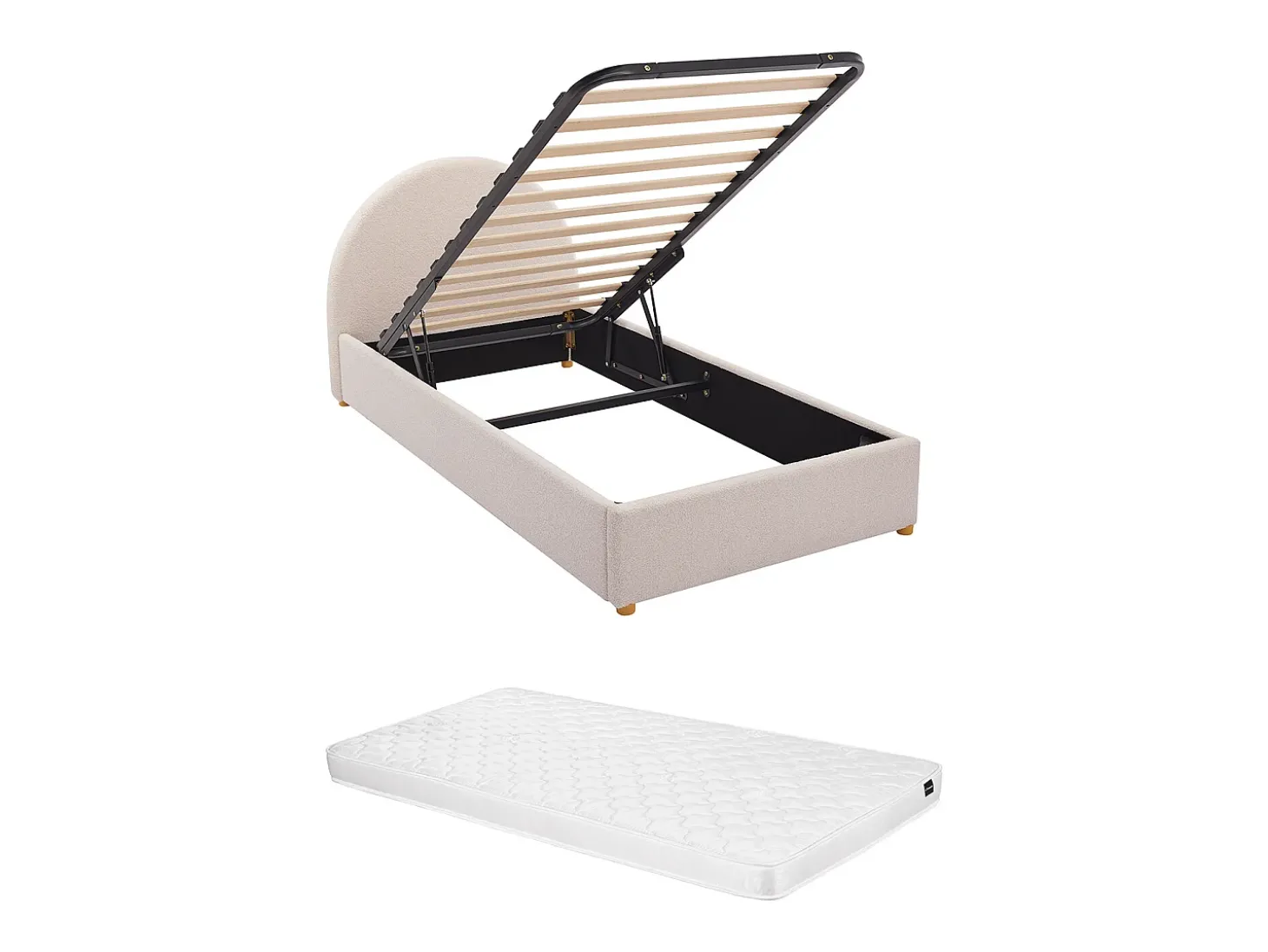Cama com arrumação de 90 x 190 cm em tecido bouclé cor creme + colchão - LIRIMO