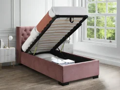 Cama com arrumação de 90 x 200 cm e cabeceira estofada em veludo rosa - MASSIMO