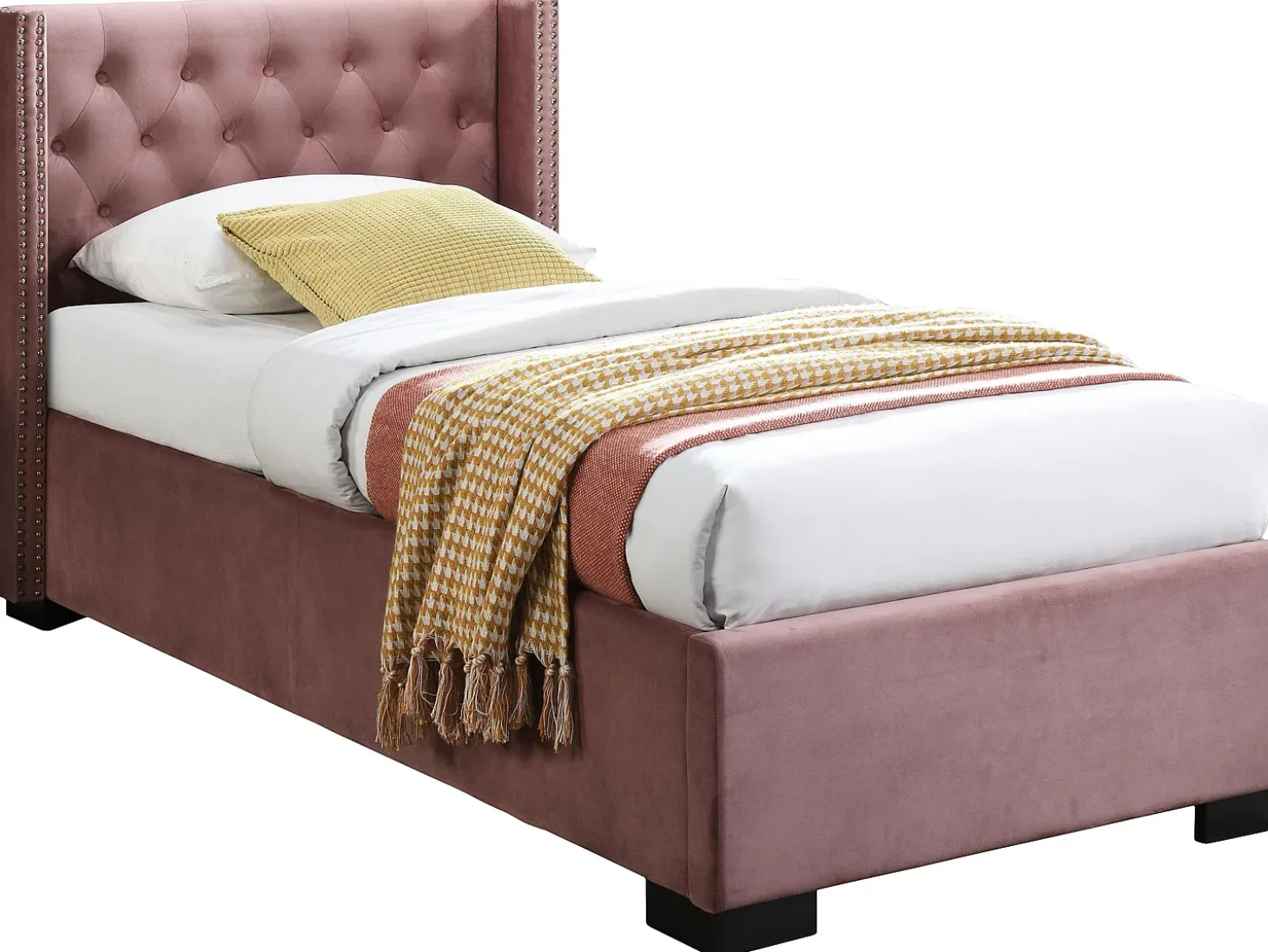 Cama com arrumação de 90 x 200 cm e cabeceira estofada em veludo rosa - MASSIMO