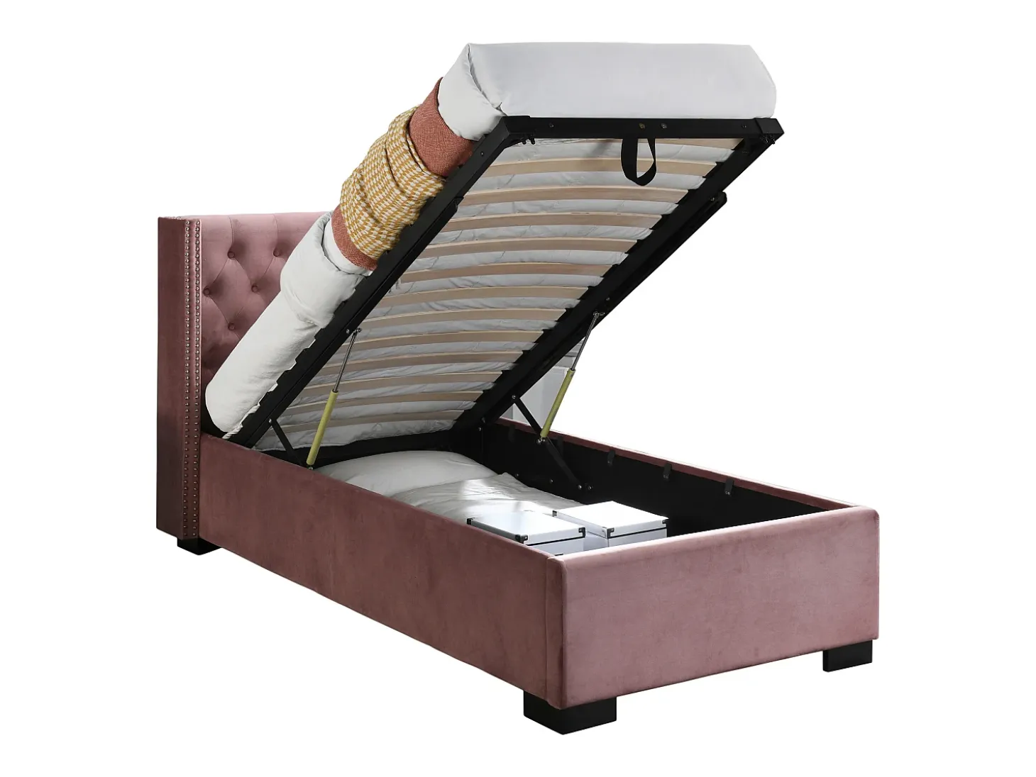 Cama com arrumação de 90 x 200 cm e cabeceira estofada em veludo rosa - MASSIMO