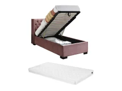 Cama com arrumação de 90 x 200 cm, cabeceira e colchão estofados em veludo rosa - MASSIMO