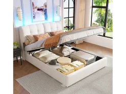 Cama com arrumação de 160*200cm, faixa de iluminação ambiente de 7 cores (tomada europeia) + alavanca pneumática, veludo bege.