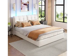 Cama com arrumação de 160*200cm, faixa de iluminação ambiente de 7 cores (tomada europeia) + alavanca pneumática, veludo bege.
