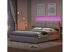 Cama com arrumação de 160*200cm, faixa de iluminação ambiente de 7 cores (tomada europeia) + alavanca pneumática, veludo bege.