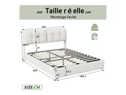 Cama com arrumação de 160*200cm, faixa de iluminação ambiente de 7 cores (tomada europeia) + alavanca pneumática, veludo bege.