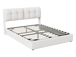 Cama com arrumação de 160*200cm, faixa de iluminação ambiente de 7 cores (tomada europeia) + alavanca pneumática, veludo bege.