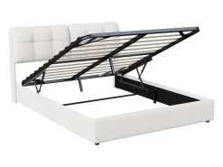 Cama com arrumação de 160*200cm, faixa de iluminação ambiente de 7 cores (tomada europeia) + alavanca pneumática, veludo bege.