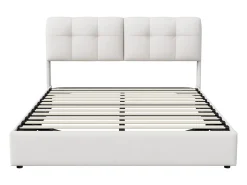 Cama com arrumação de 160*200cm, faixa de iluminação ambiente de 7 cores (tomada europeia) + alavanca pneumática, veludo bege.
